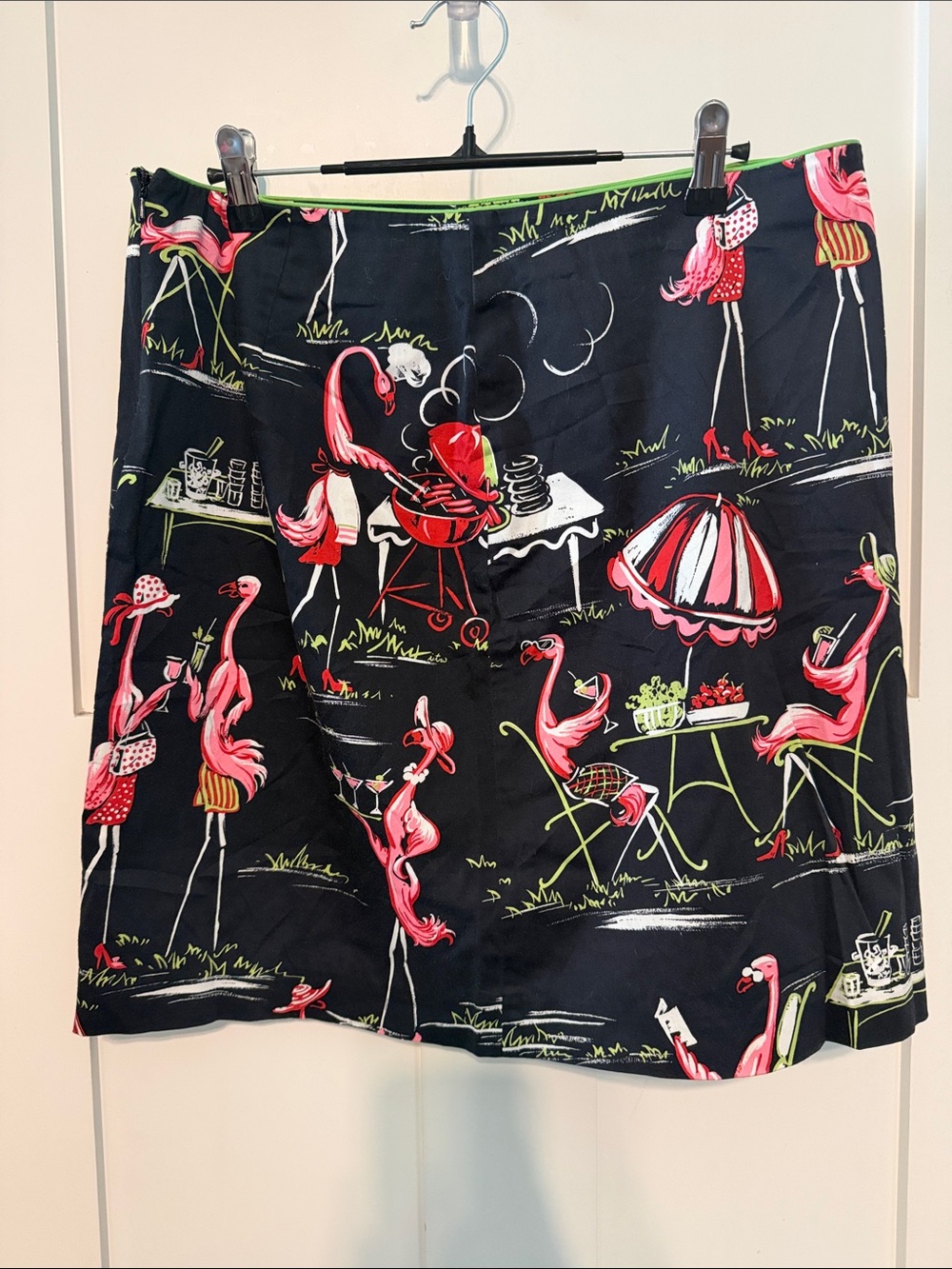 Vintage 90s Novelty Flamingo BBQ Cookout A-Line Skirt - Black with Pink Print